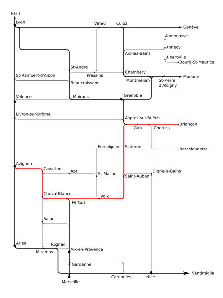 [Schema  della  ferrovia Avignone  -  Gap  -  Briançon e  delle  linee
afferenti.]