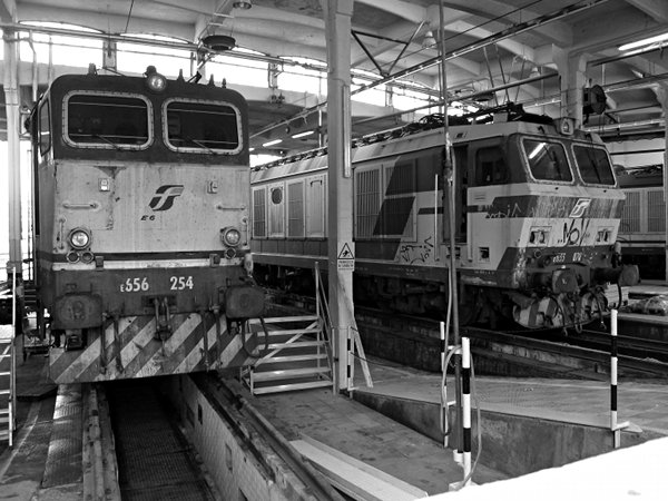 [Locomotive
elettriche FS E656.254 ed E633.070 nell'officina piccola di Torino
Smistamento]